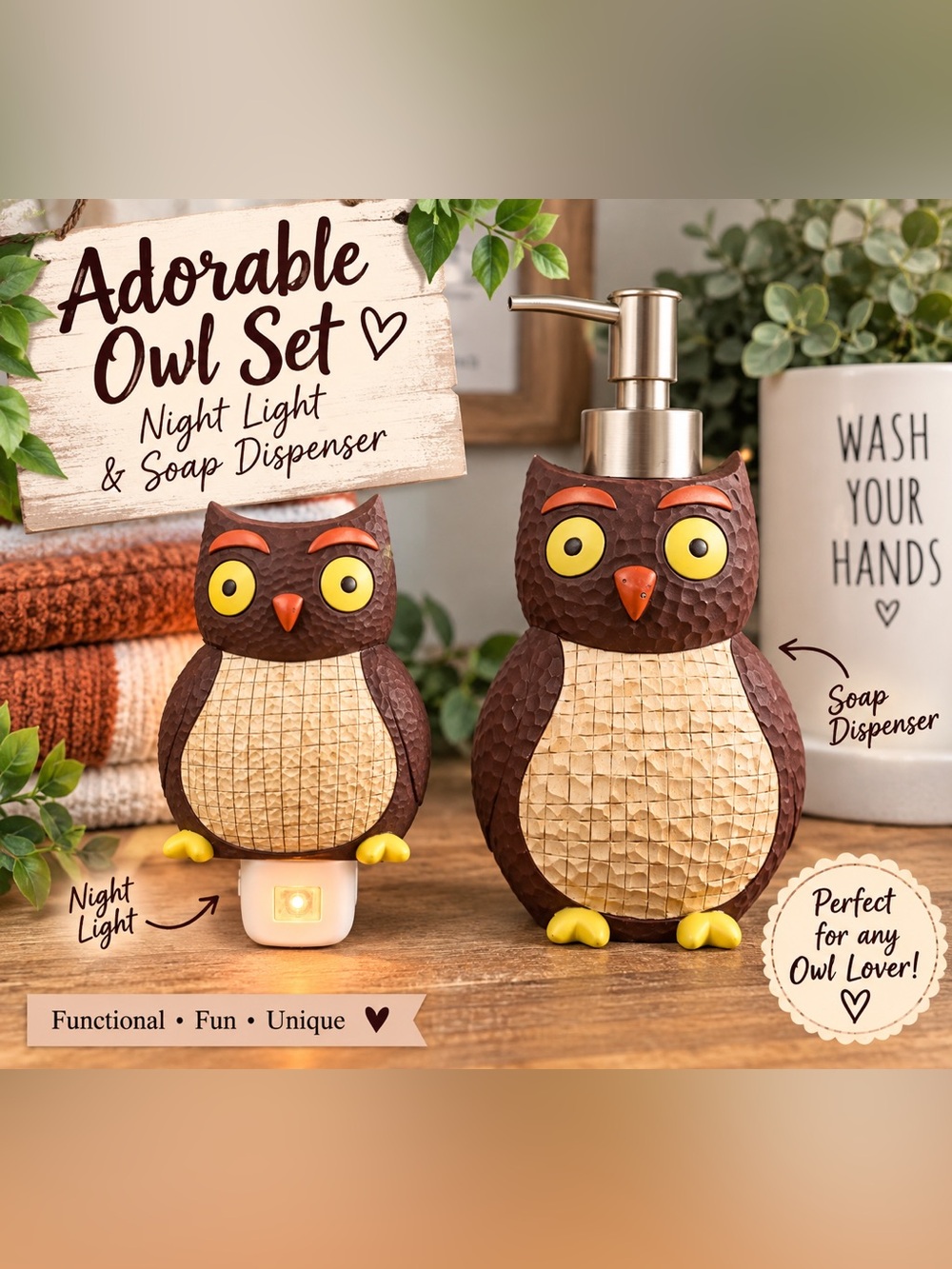 🦉 Adorable Owl Night Light & Soap Dispenser Set 🦉